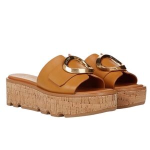 NEW Franco Sarto Hoda Tan Leather  Platform Cork Wedge Slide Sandals  Size 9.5